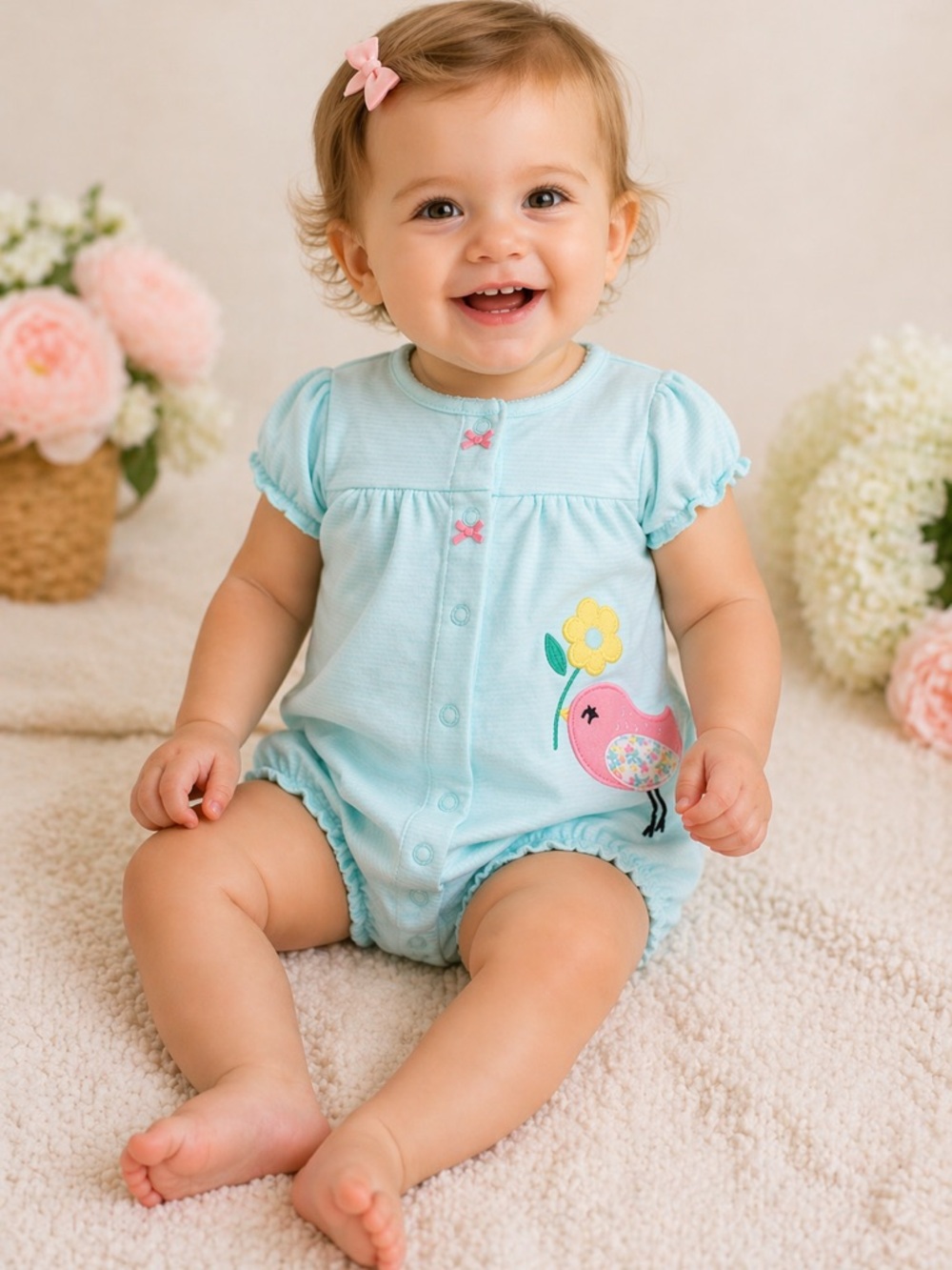 CARTER’S Baby Romper 18M Cotton Blue Light Aqua Stripe Bird Applique Bubble NWT